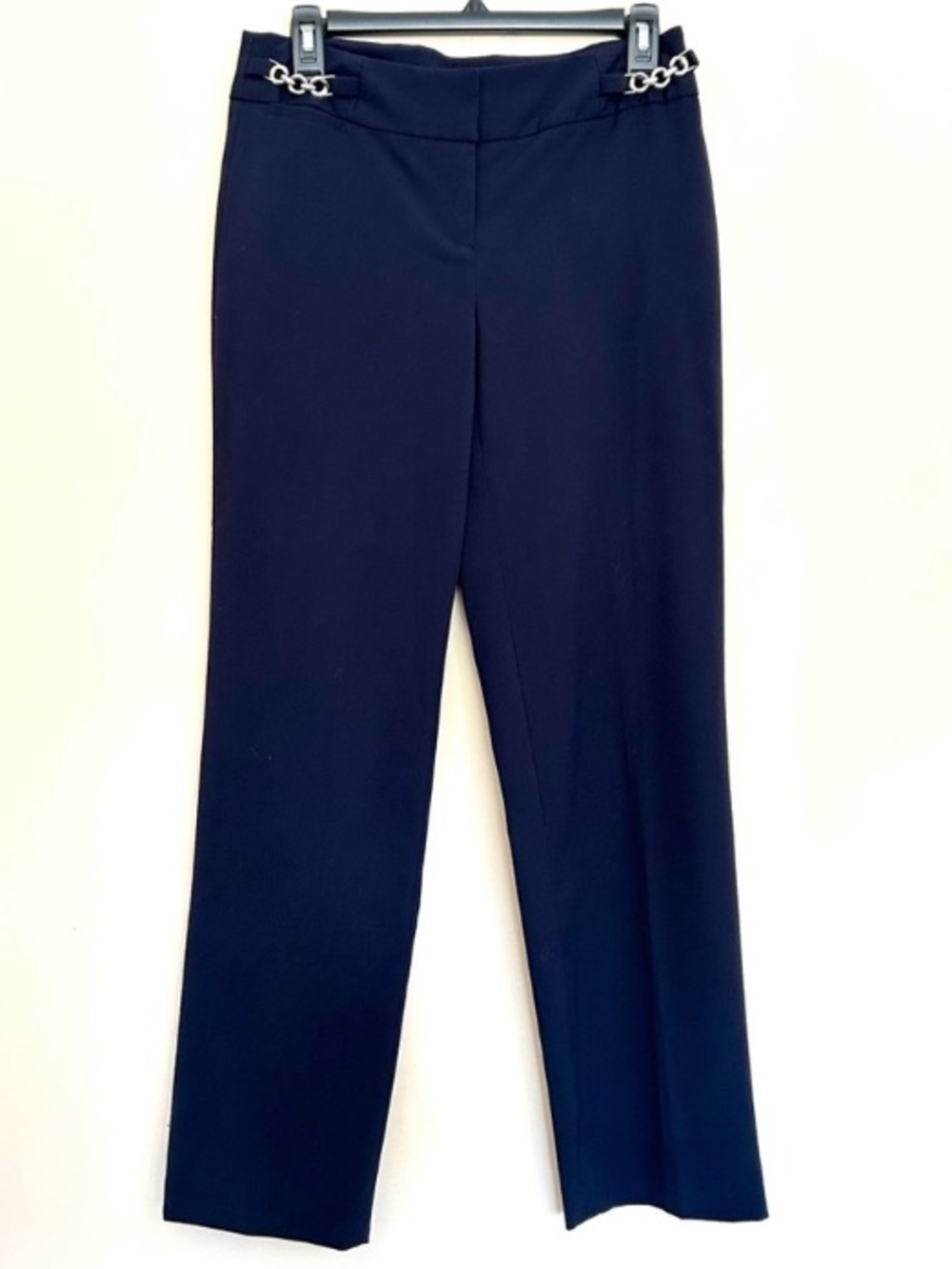 Ellen Tracy Women’s Dark Indigo Navy Blue Straight Leg Pants Silver Chain
